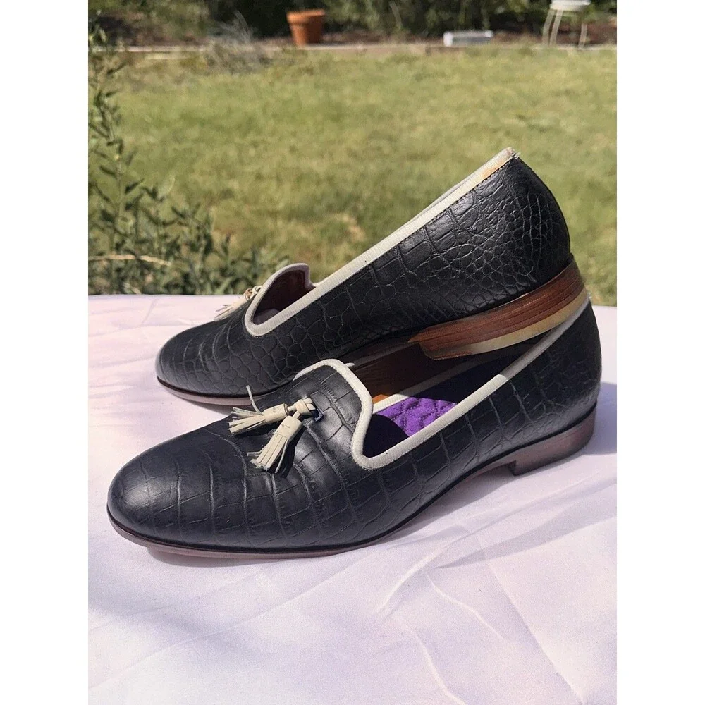 Men’s Evening Slippers Smoking Loafers 10 M Cole Haan Embossed Croc Tassel Navy